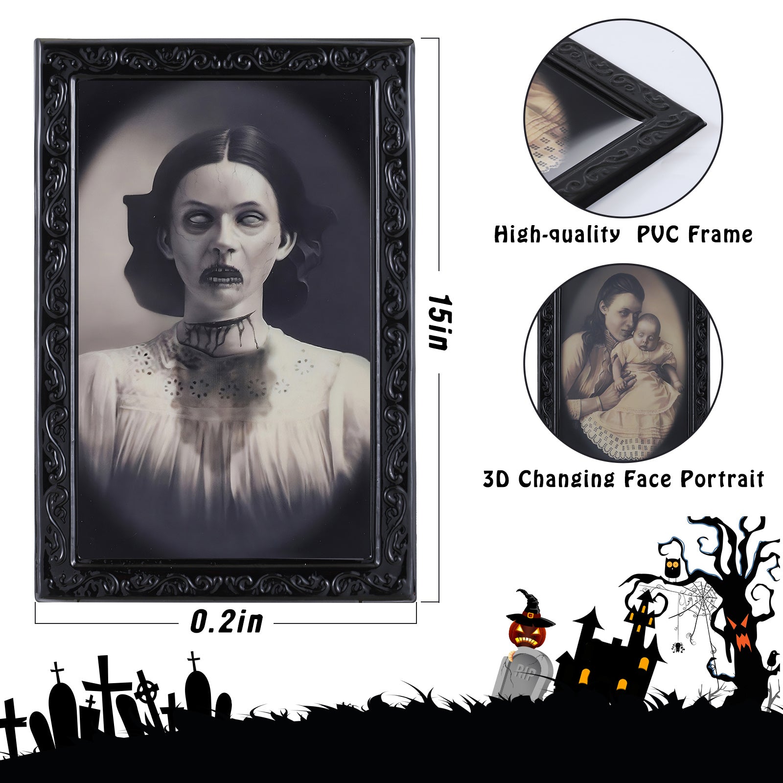 Halloween Decoration 3D Changing Face, Moving Picture Frame Portrait for Horror Party Decors
